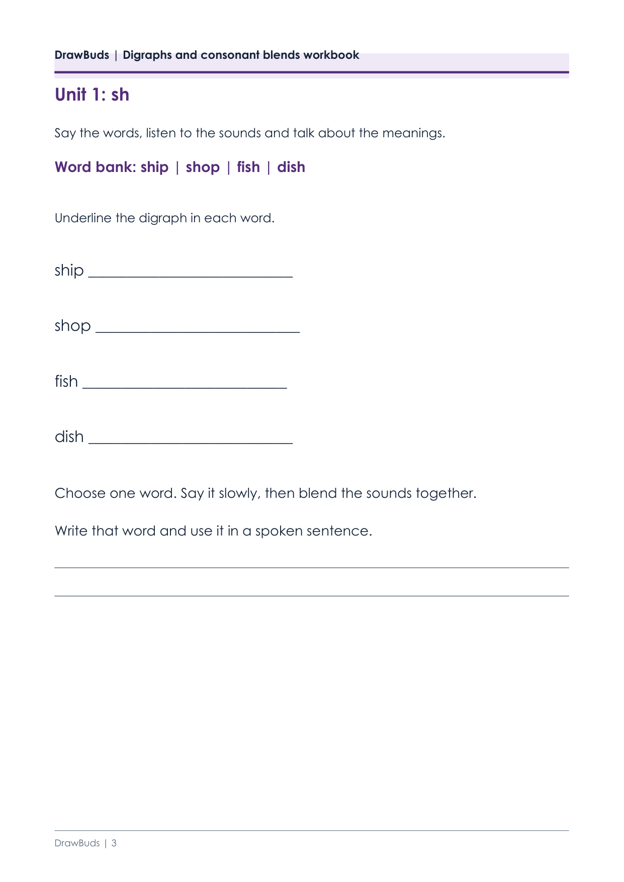 Digraph worksheet for sh with the words ship, shop, fish and dish to underline