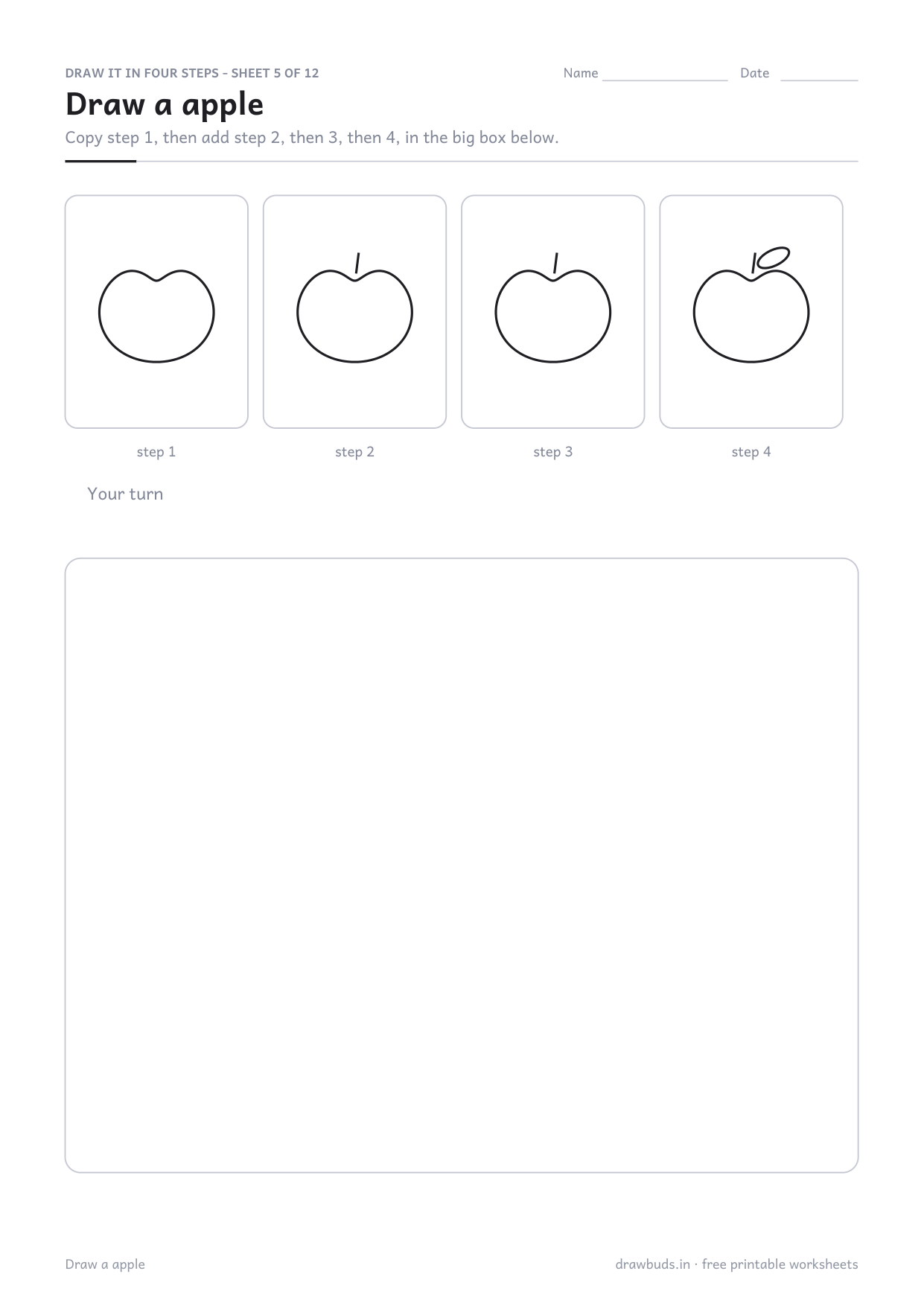 Directed drawing sheet showing an apple built in four steps