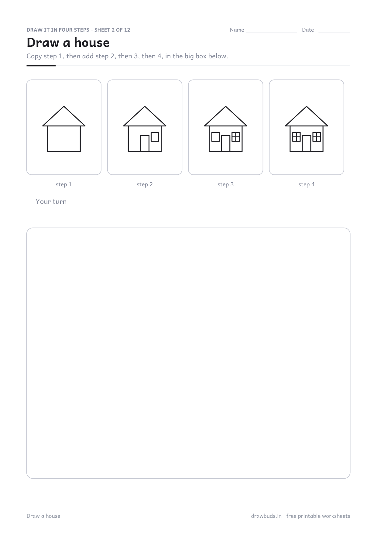 Directed drawing sheet showing a house built in four steps