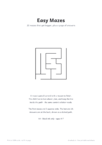 Easy Mazes cover page with a small six by six maze