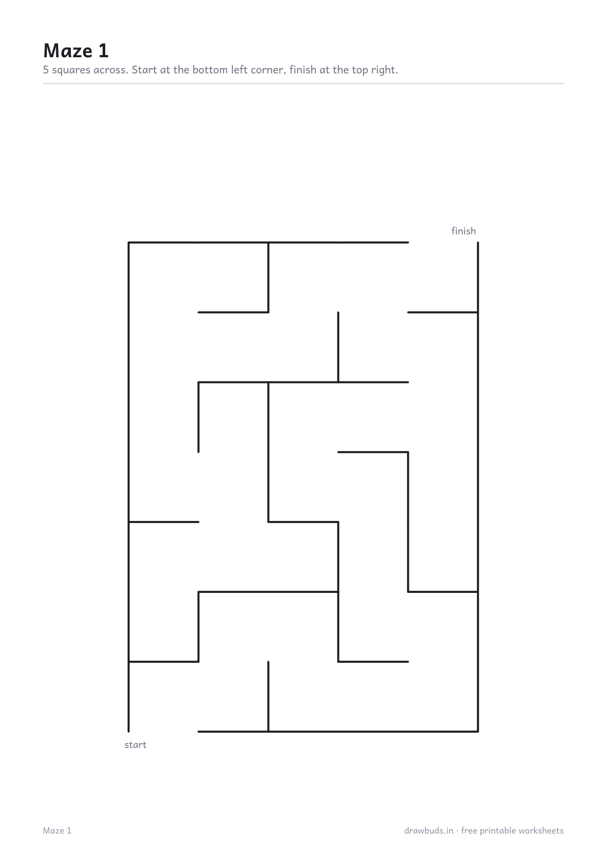 The first maze, five squares across, with start and finish marked