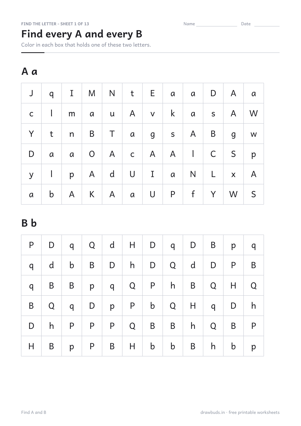 Letter search grids for A and B with confusable letters mixed in
