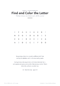 Find and Color the Letter cover page with a grid of letters