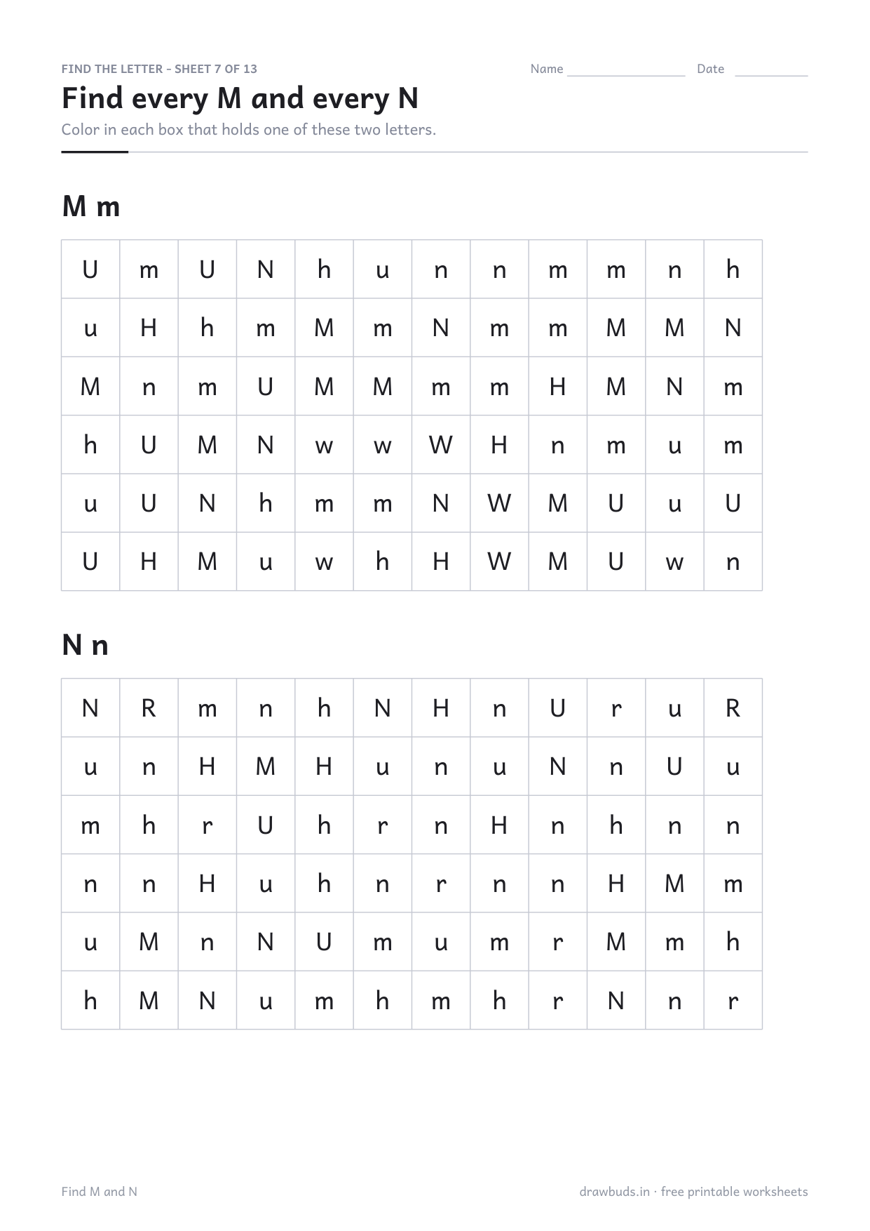 Letter search grids for M and N