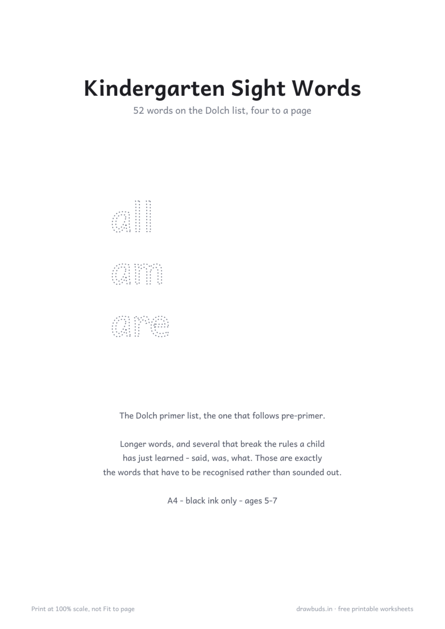 Kindergarten Sight Words Tracing — printable PDF page preview