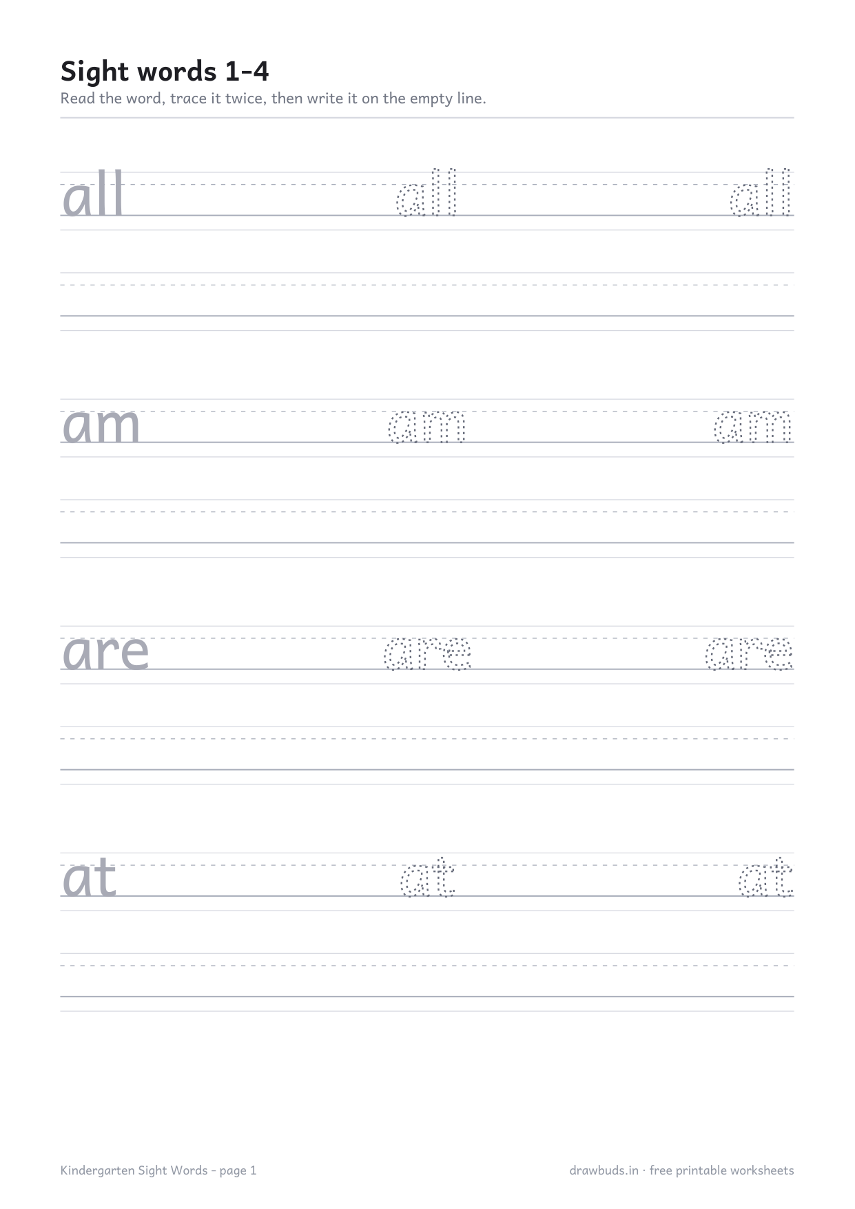 Sight word worksheet with all, am, are and at to trace