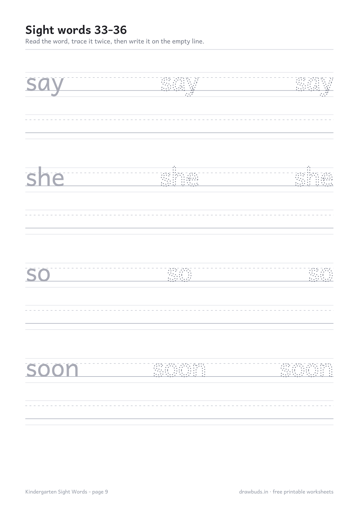 Sight word worksheet with she, so, soon and that to trace
