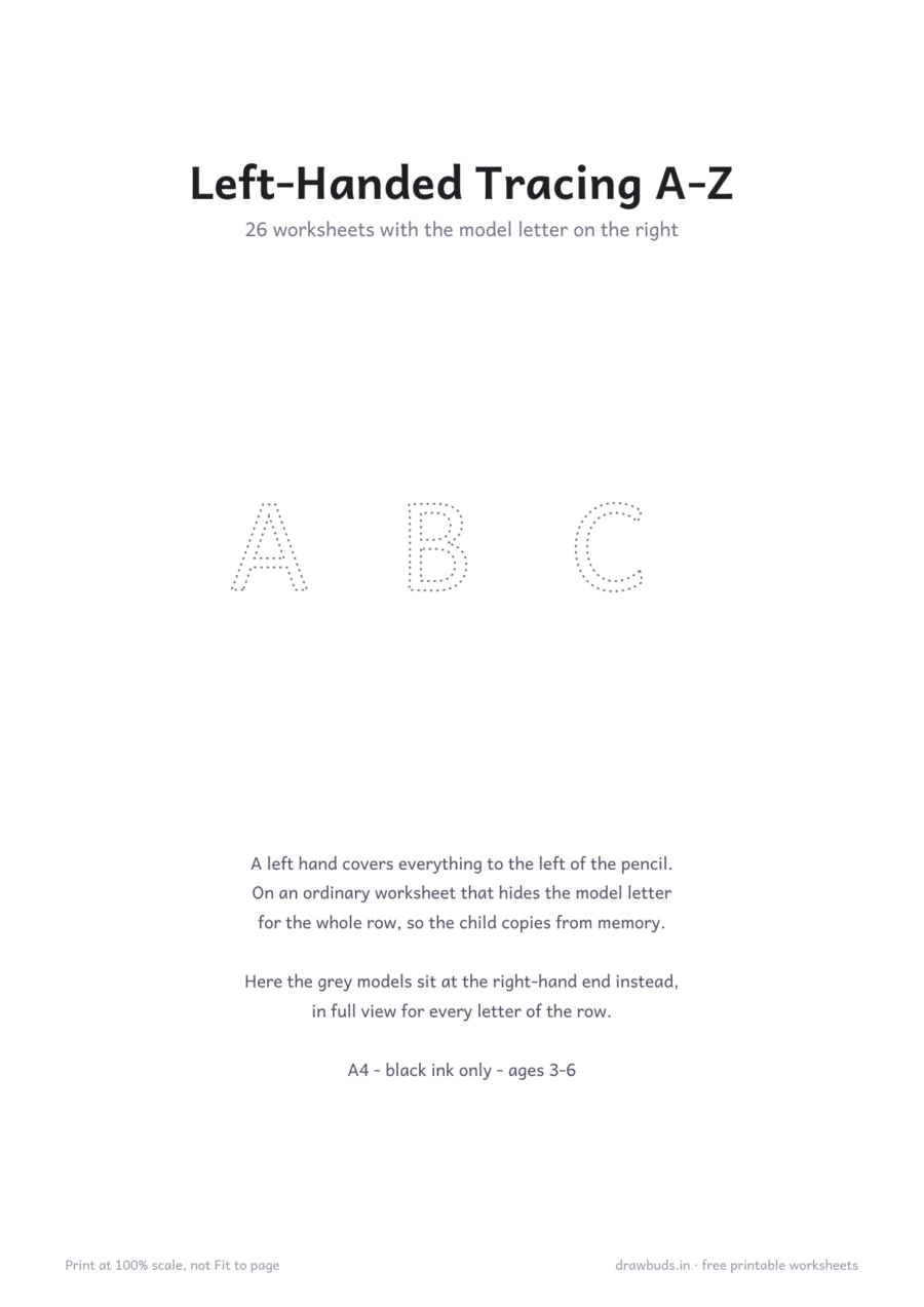 Left-Handed Alphabet Tracing A-Z — printable PDF page preview