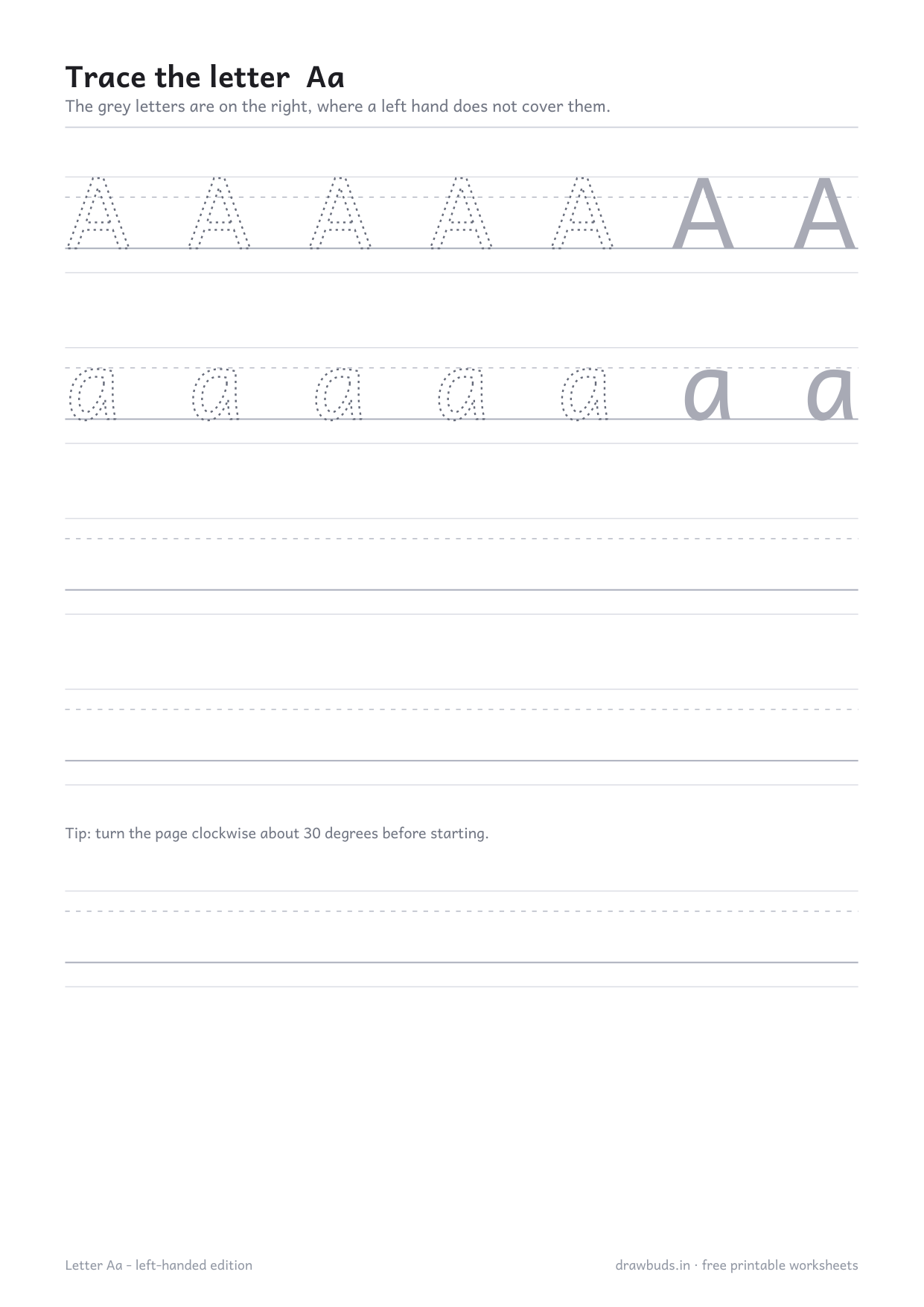 Left-handed letter A worksheet with grey model letters at the right of the row