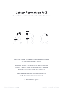 Letter Formation A-Z cover page showing A, B and C with numbered dots and arrows
