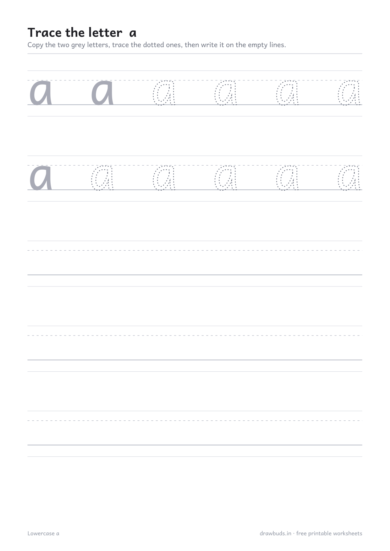 Lowercase letter a tracing worksheet with five ruled practice rows