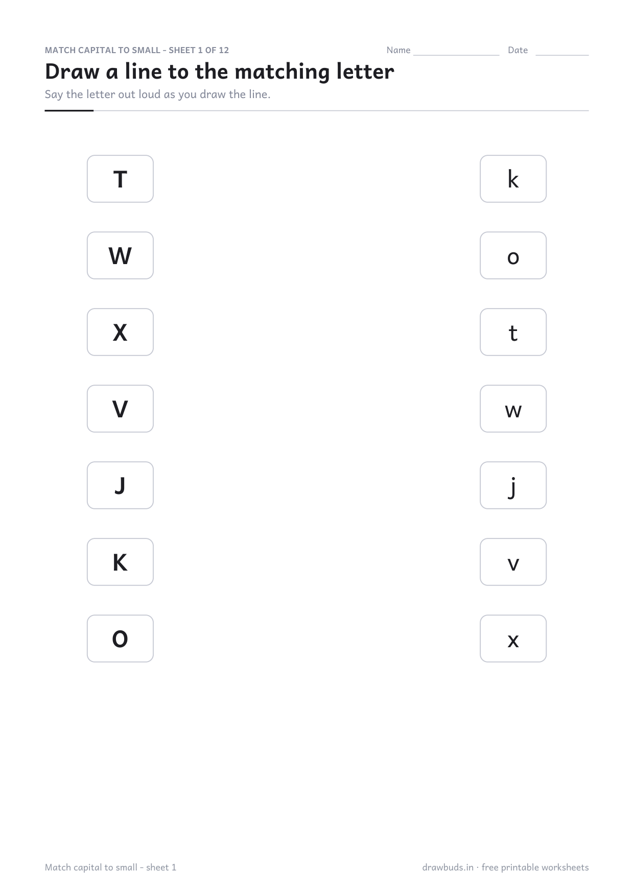 Matching worksheet with seven capitals and seven small letters