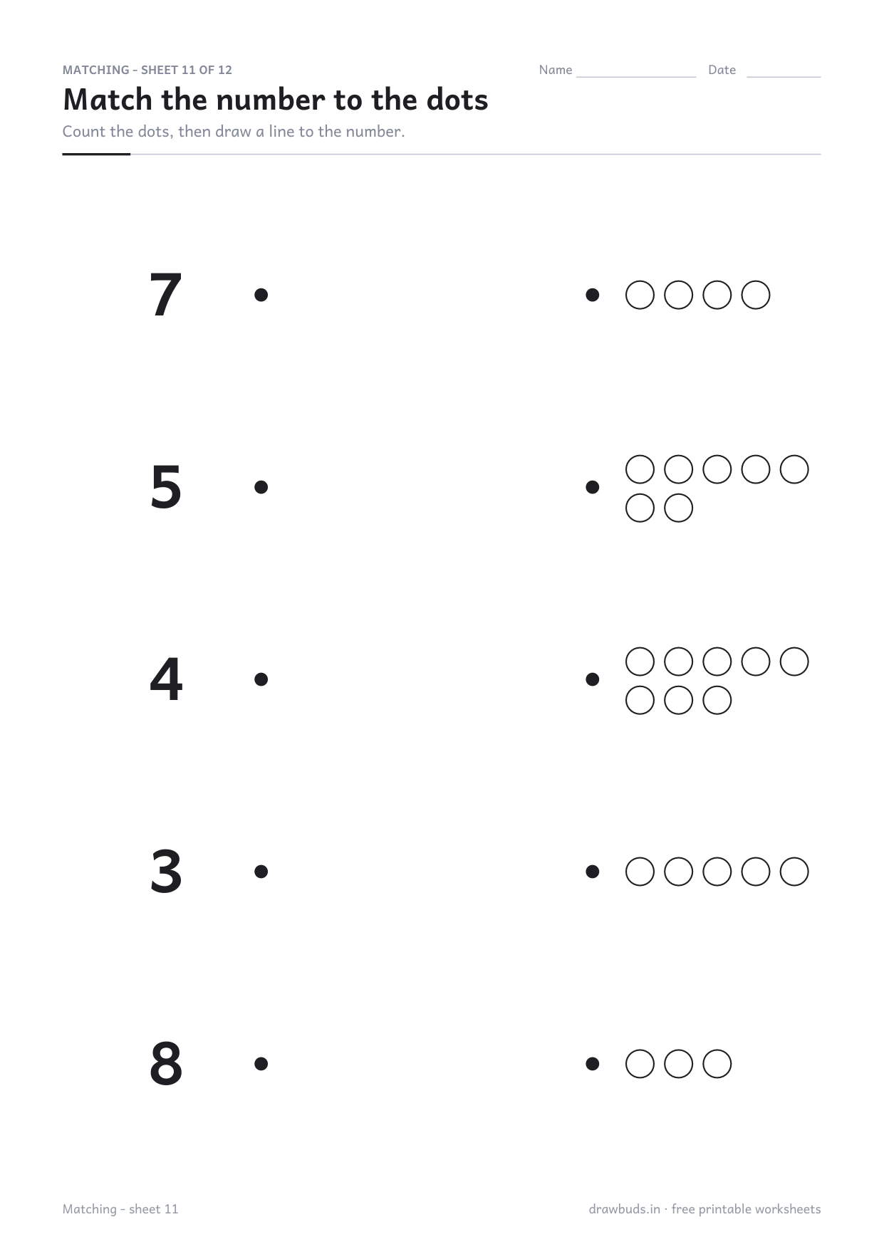 Number matching worksheet pairing numerals with groups of dots