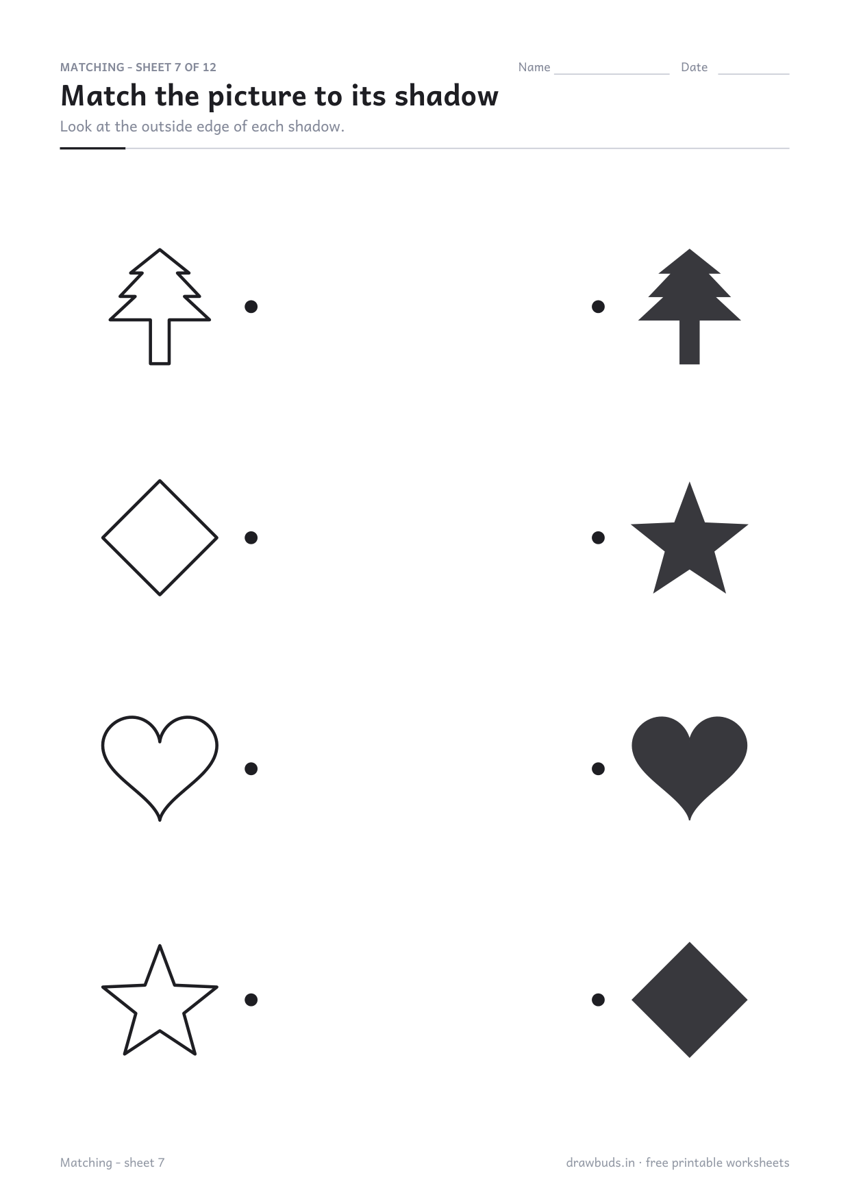 Shadow matching worksheet with outline pictures and their filled shadows