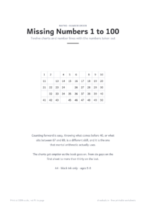 Missing Numbers cover page with a part-filled number chart