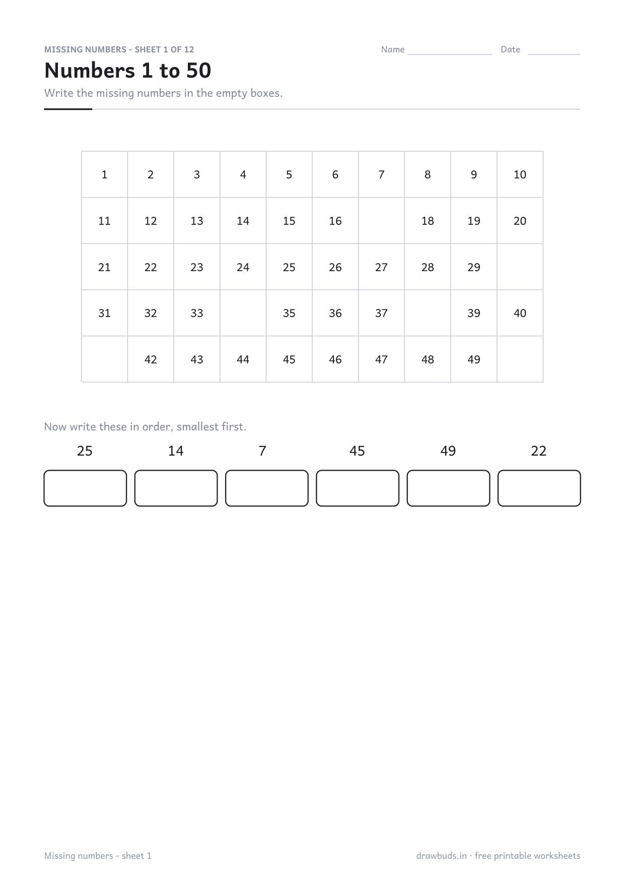 Number chart 1 to 50 with six numbers missing