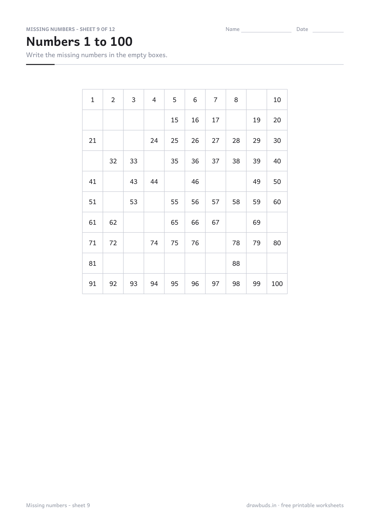Hundred chart with more than thirty numbers missing