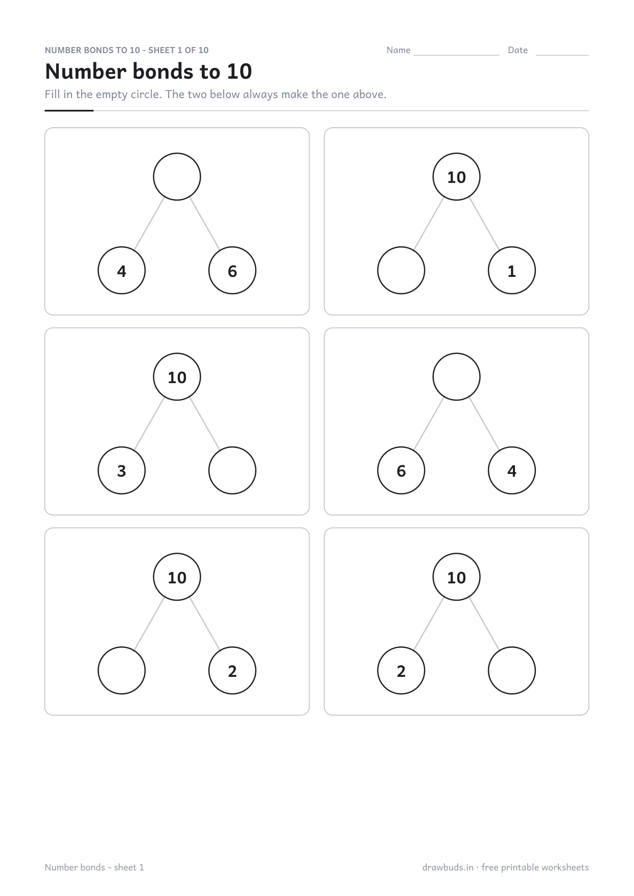 Number bond worksheet with six part-part-whole diagrams