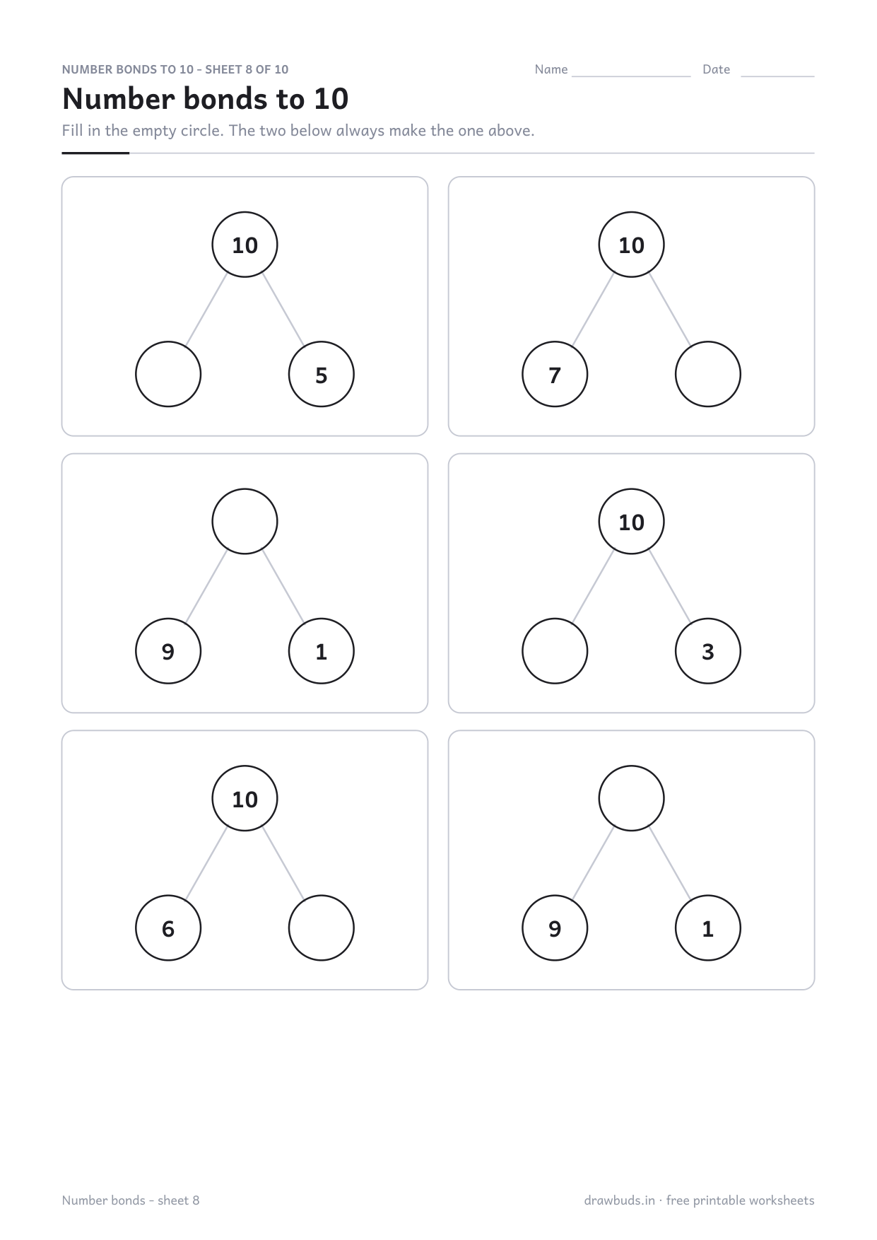 Number bond worksheet with totals other than ten