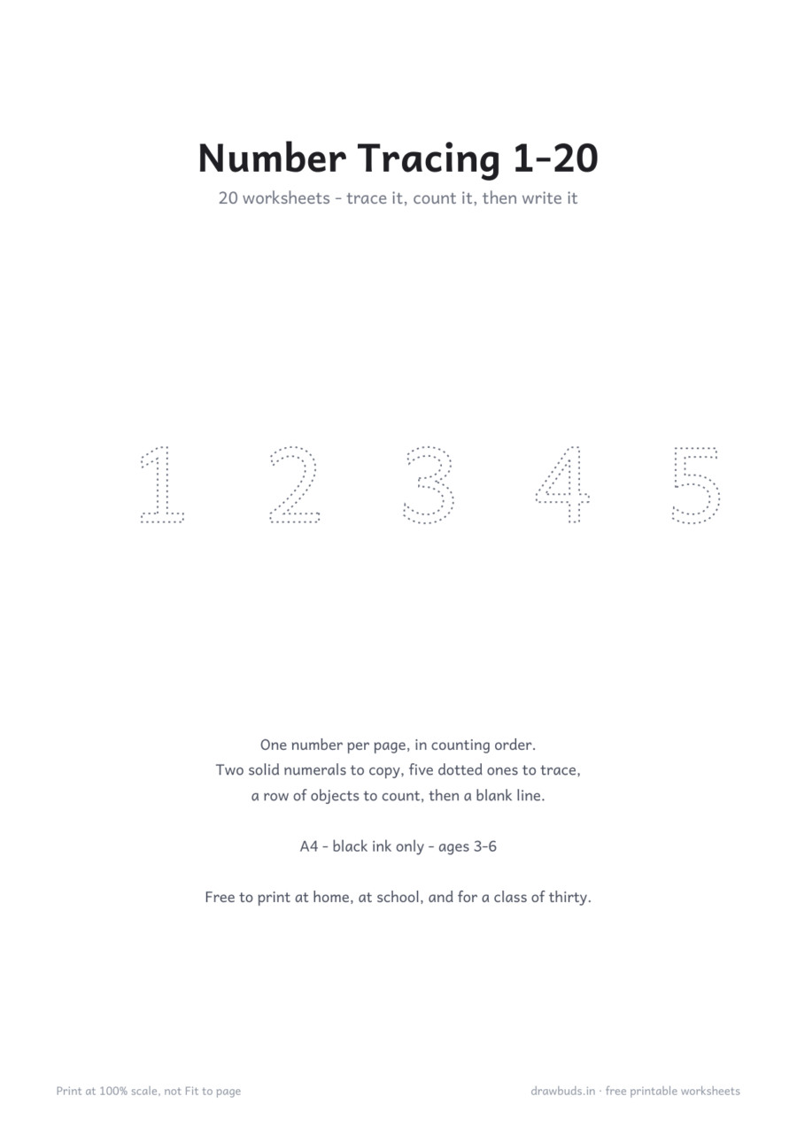 Number Tracing Worksheets 1-20 — printable PDF page preview