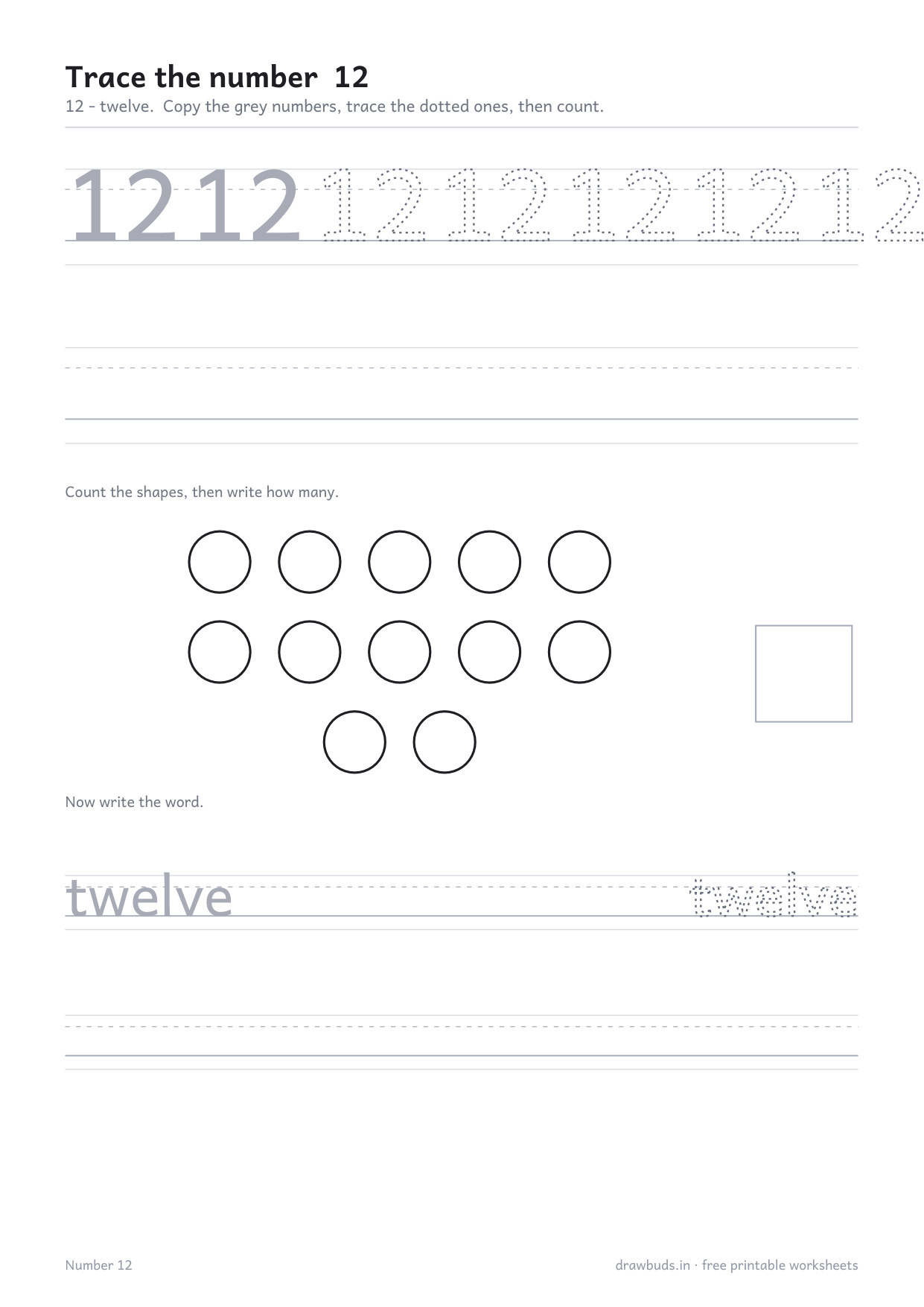 Number 12 tracing worksheet with twelve shapes in rows of five