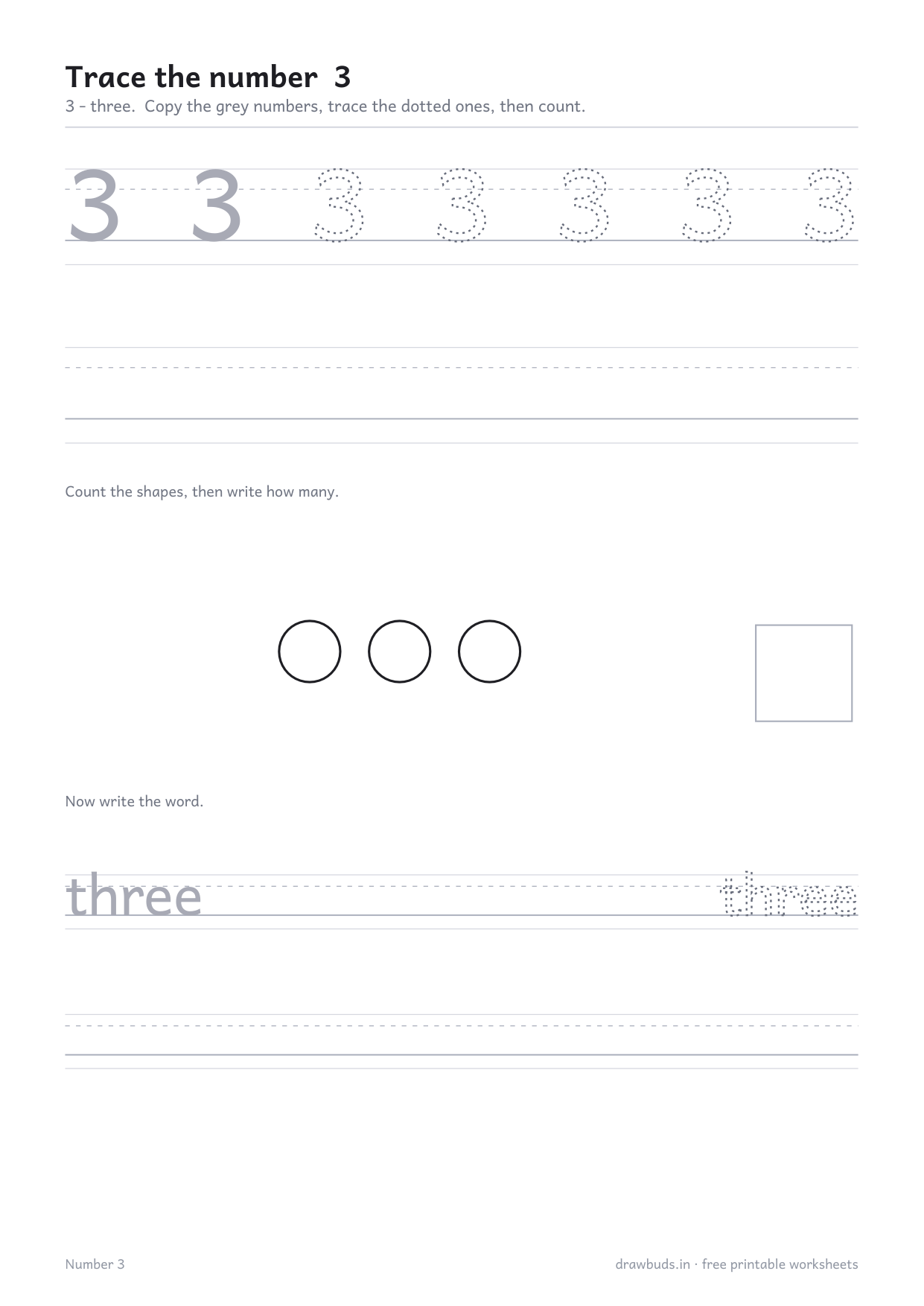 Number 3 tracing worksheet with three shapes to count and the word three