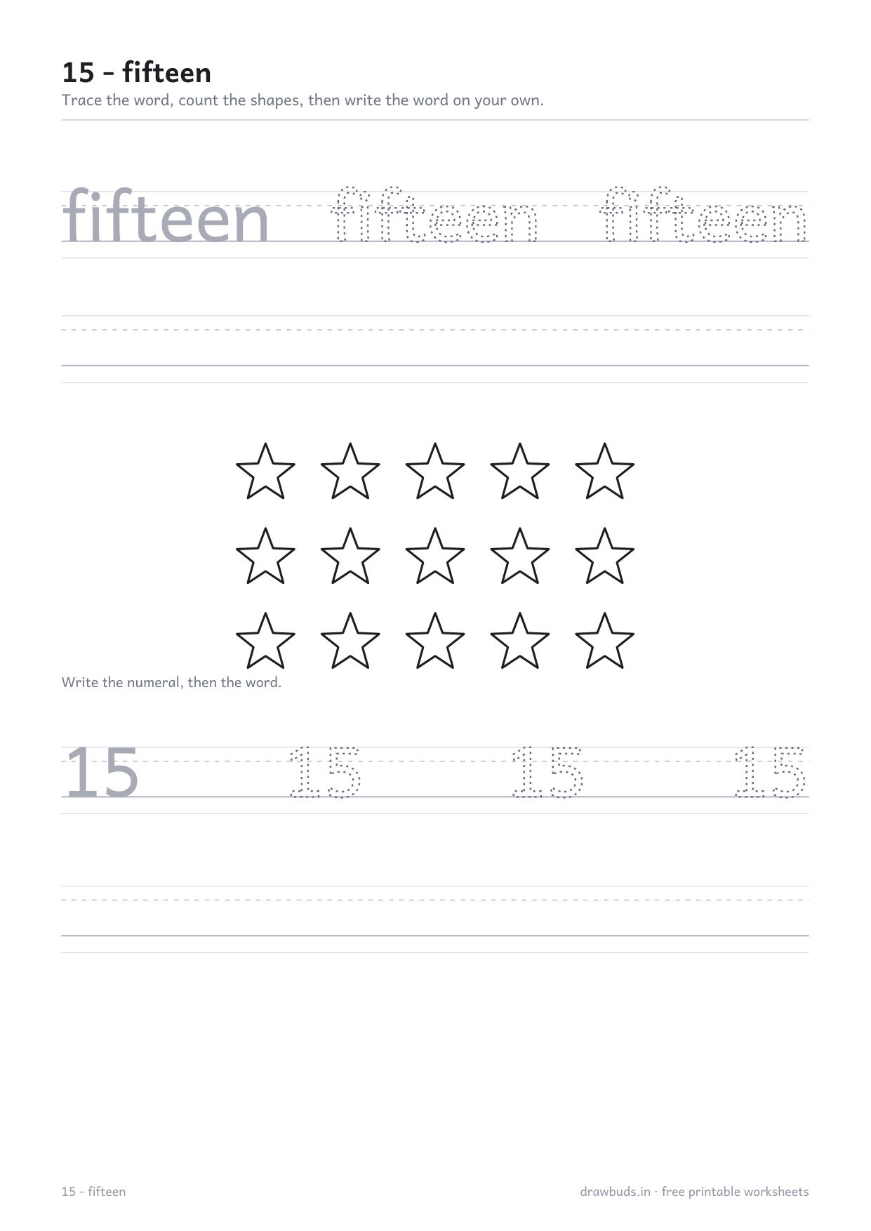 Number word worksheet for fifteen with fifteen stars in rows of five