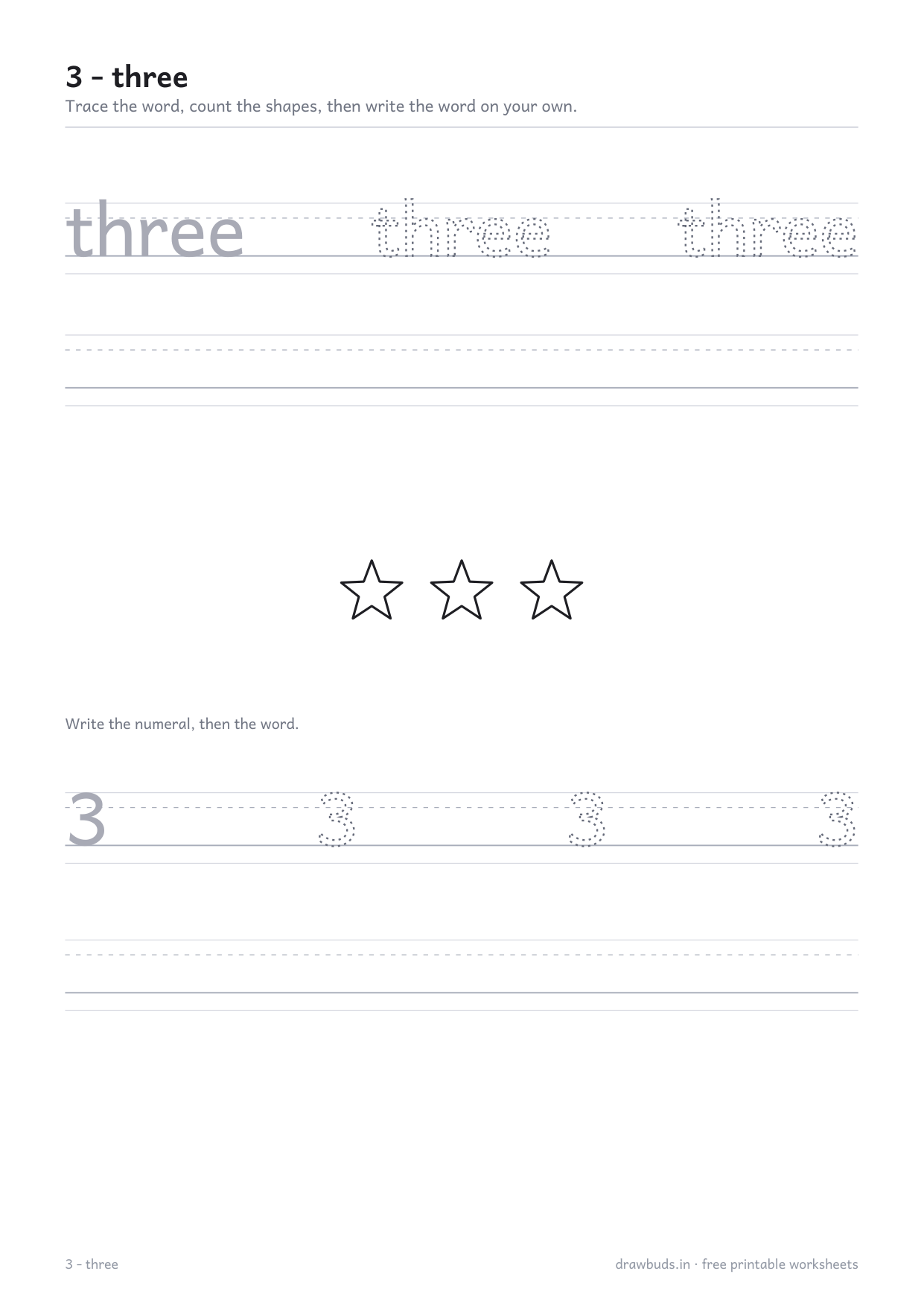 Number word worksheet for three with three stars to count