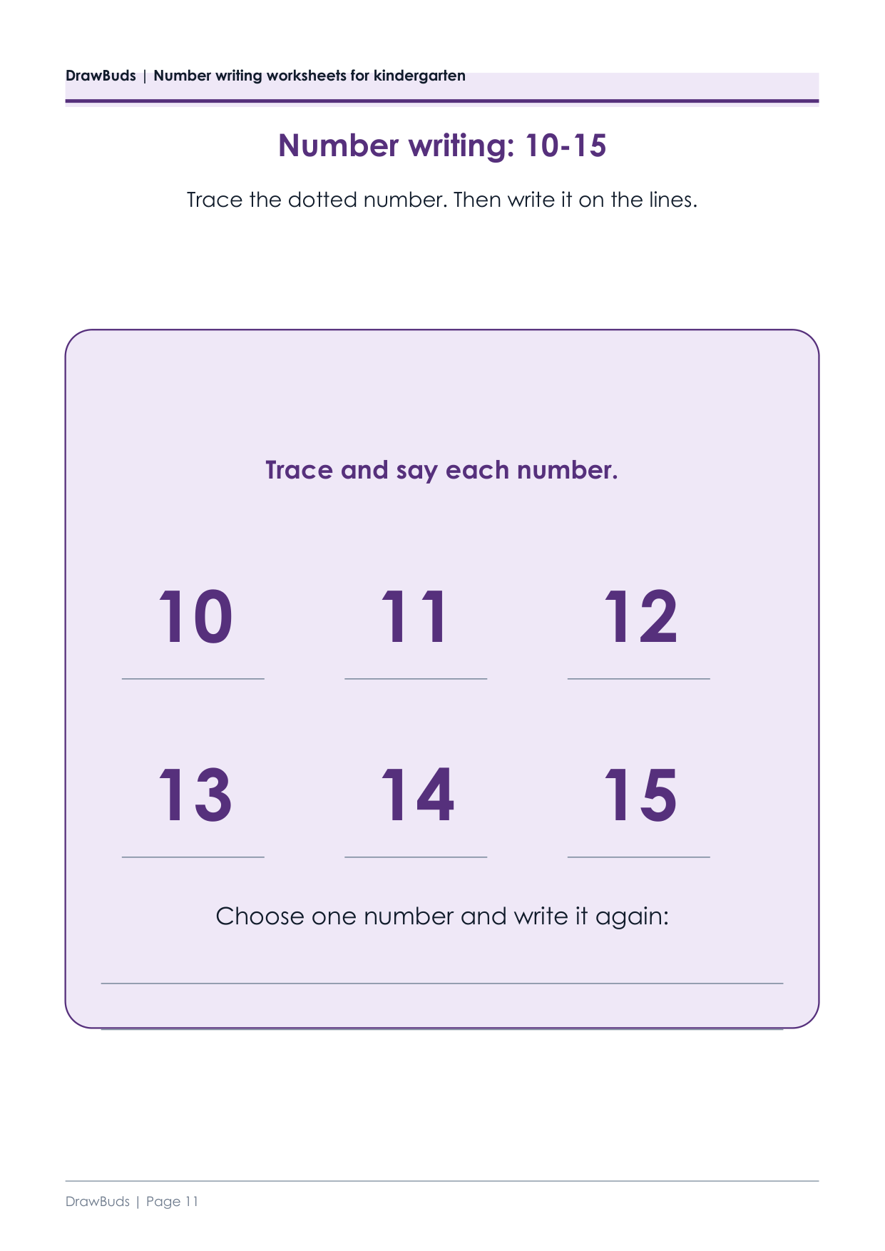 Worksheet showing the numbers 10 to 15 in a grid with a writing line under each