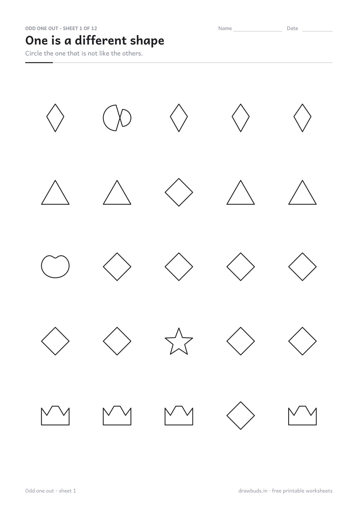 Odd one out worksheet where one shape in each row is different