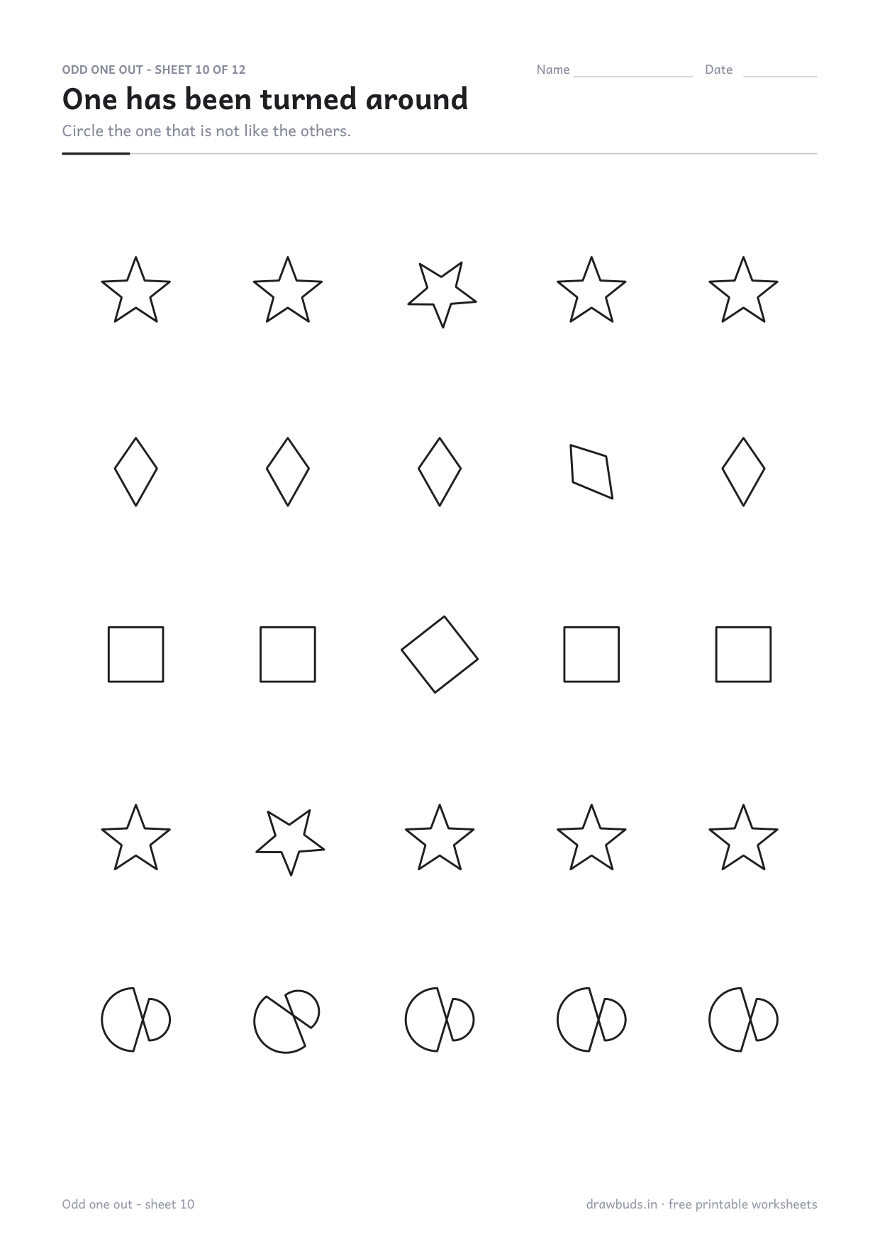 Odd one out worksheet where one shape has been rotated