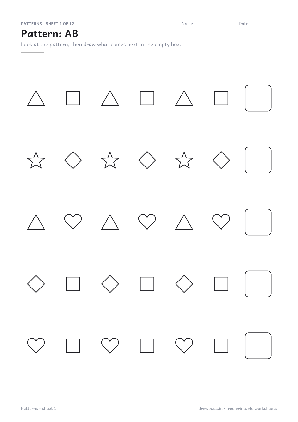 Pattern worksheet with five AB pattern rows and empty boxes