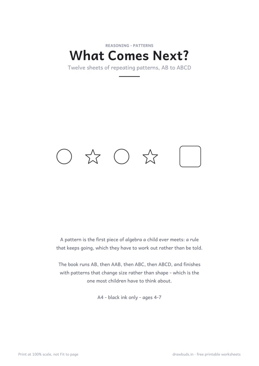 What Comes Next? Pattern Worksheets — printable PDF page preview