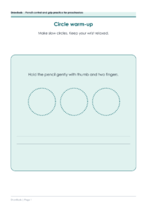 Pencil control warm-up page with three large dashed circles and a pencil grip reminder