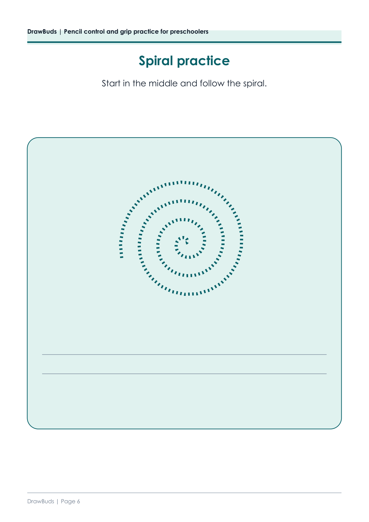 Spiral pencil control page with one continuous dashed spiral to follow