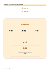 Short a phonics worksheet for kindergarten with the words cat, map and sat and writing lines
