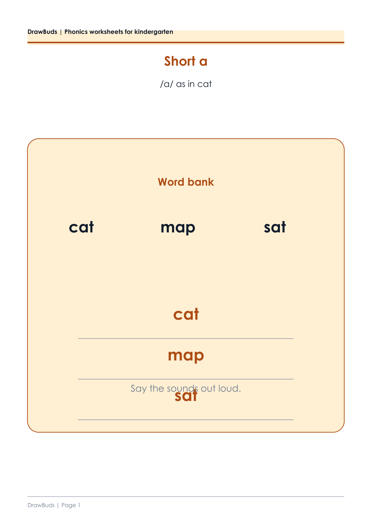 Short a phonics worksheet for kindergarten with the words cat, map and sat and writing lines