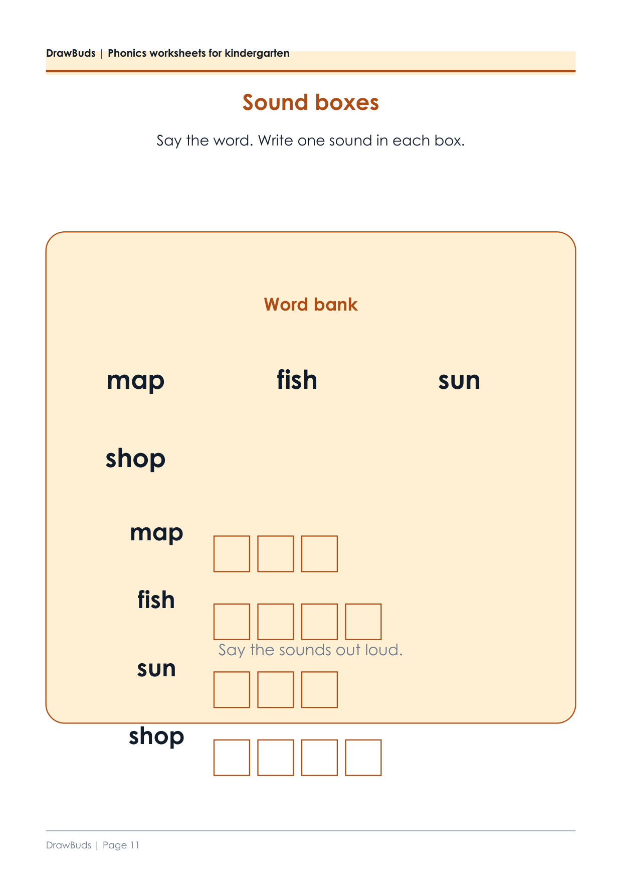 Sound boxes worksheet with one box per sound for map, fish, sun and shop