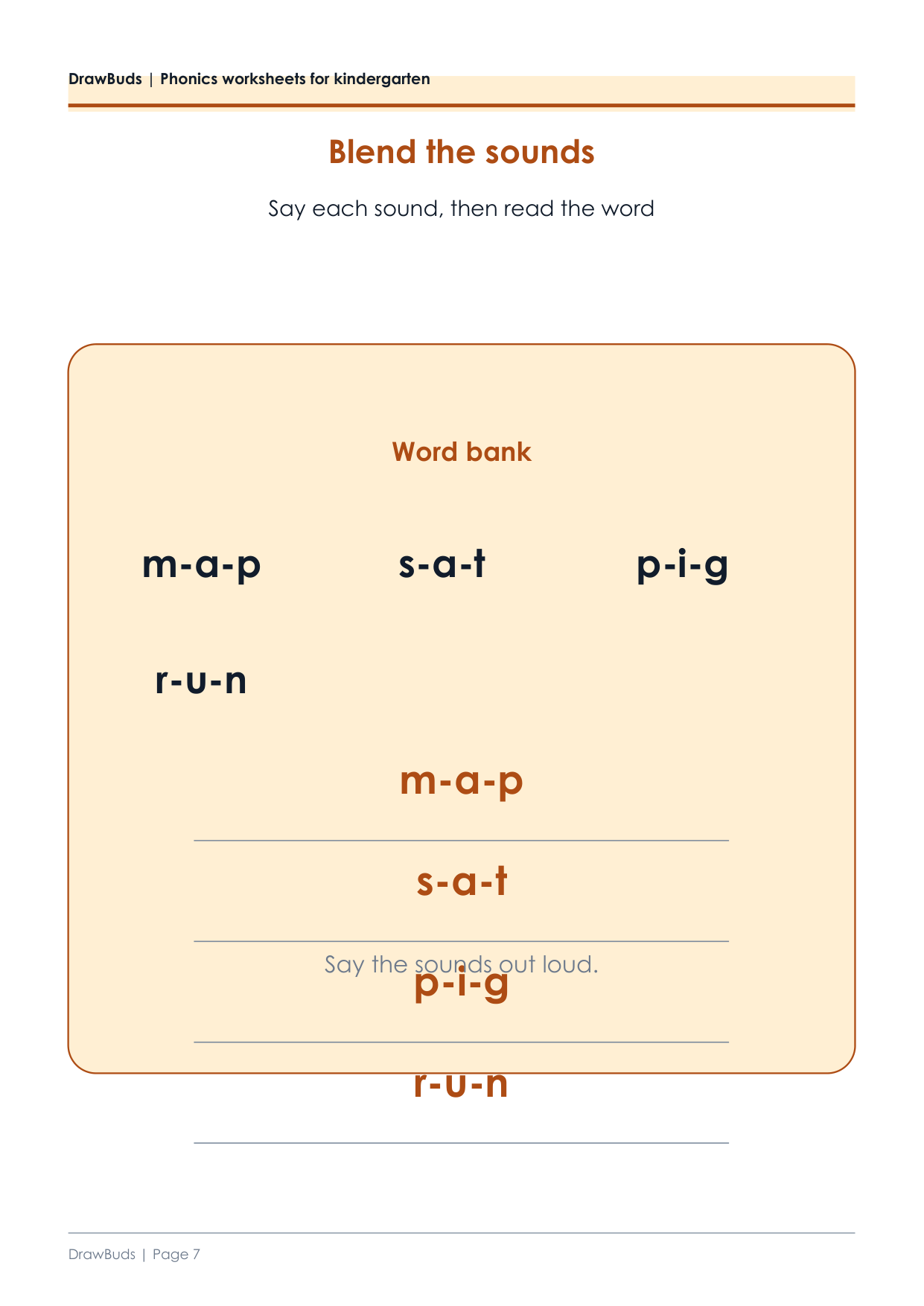 Blending worksheet showing m-a-p, s-a-t, p-i-g and r-u-n written as separate sounds