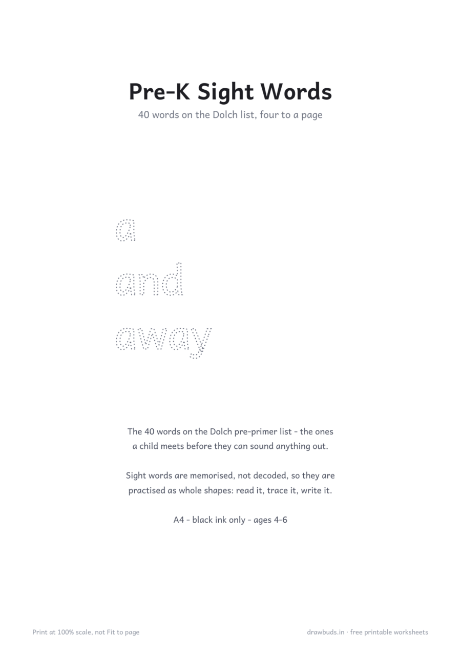 Pre-K Sight Words Tracing — printable PDF page preview