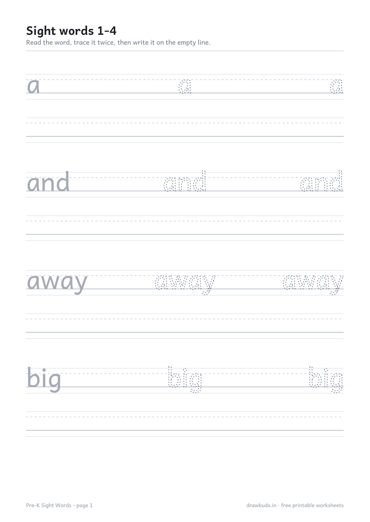 Sight word worksheet with a, and, away and big to trace