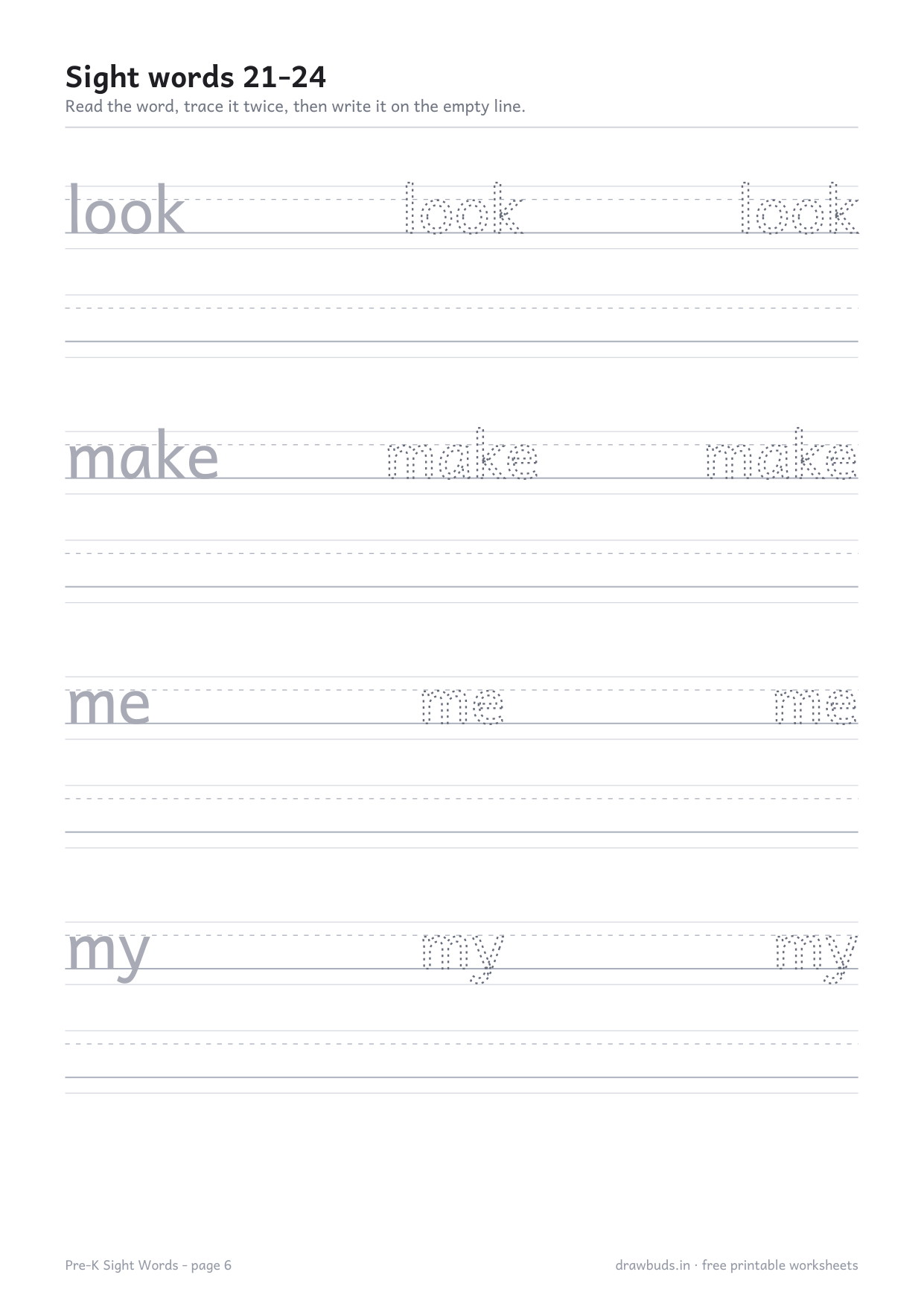 Sight word worksheet with look, make, me and my to trace