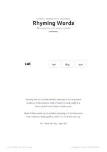 Rhyming Words cover page with cat, hat, dog and sun