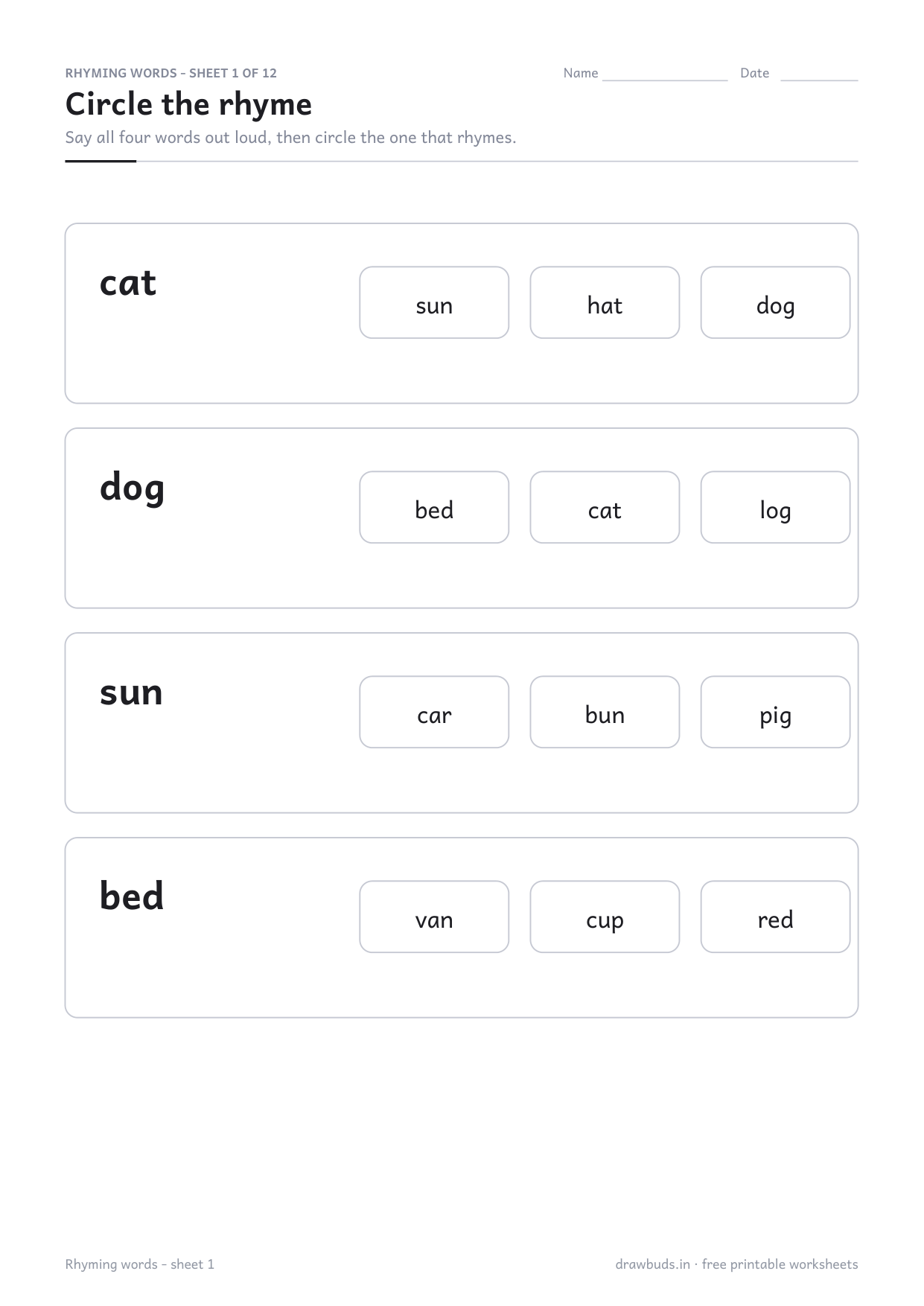 Rhyming worksheet with four words, each with three choices