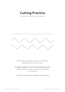 Cutting Practice cover page with straight, wavy and zigzag cut lines