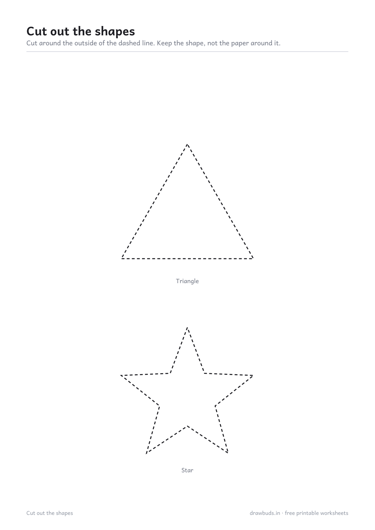 Cutting worksheet with a circle and a square outlined in dashes to cut out