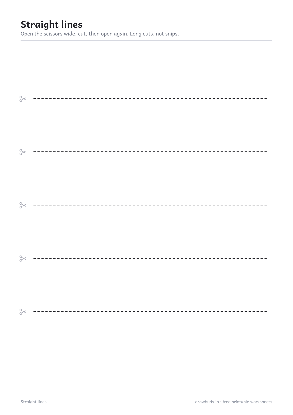 Cutting practice worksheet with five straight dashed lines and scissors marks
