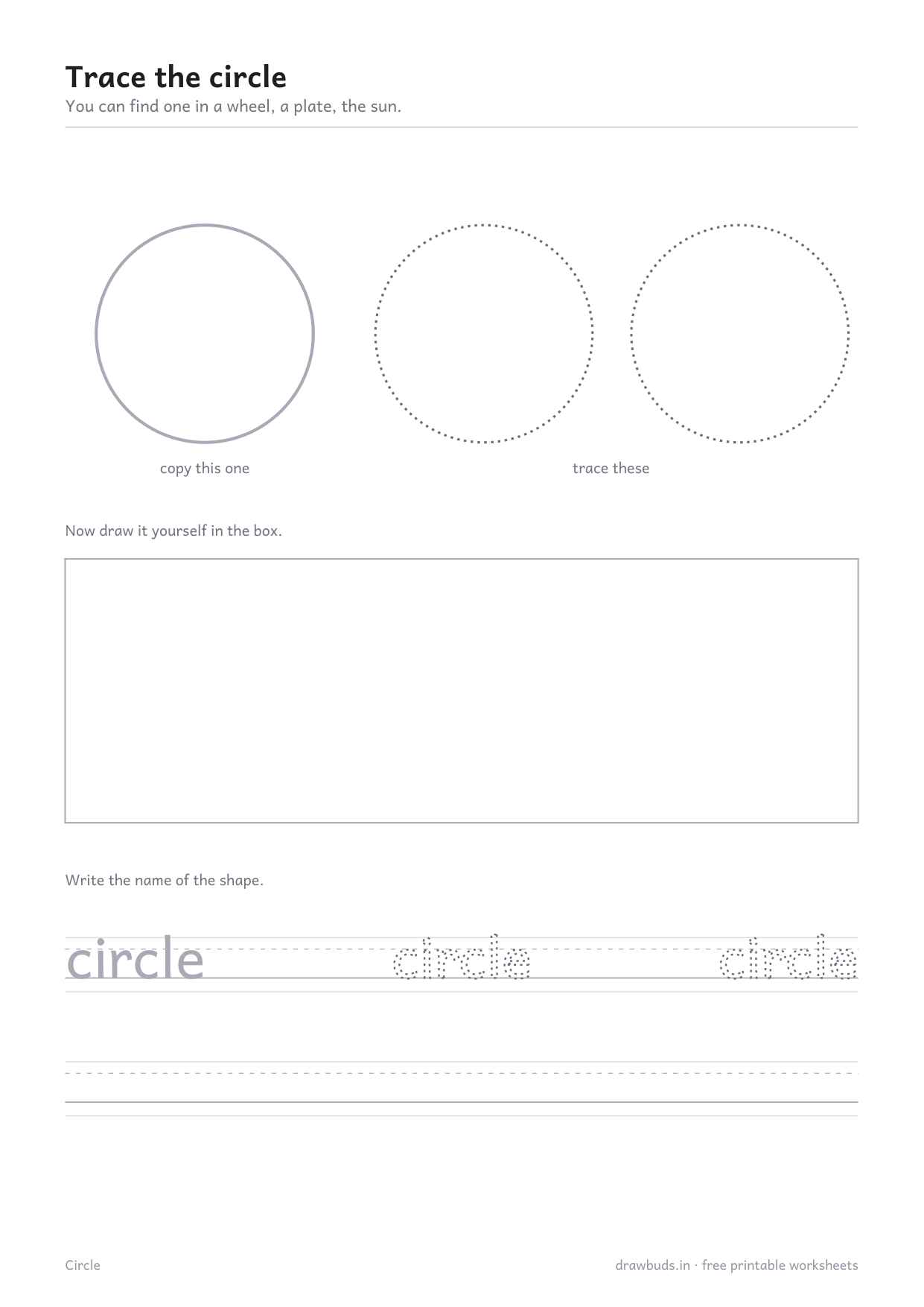Circle tracing worksheet with a model circle, two dotted circles, a drawing box and the word circle