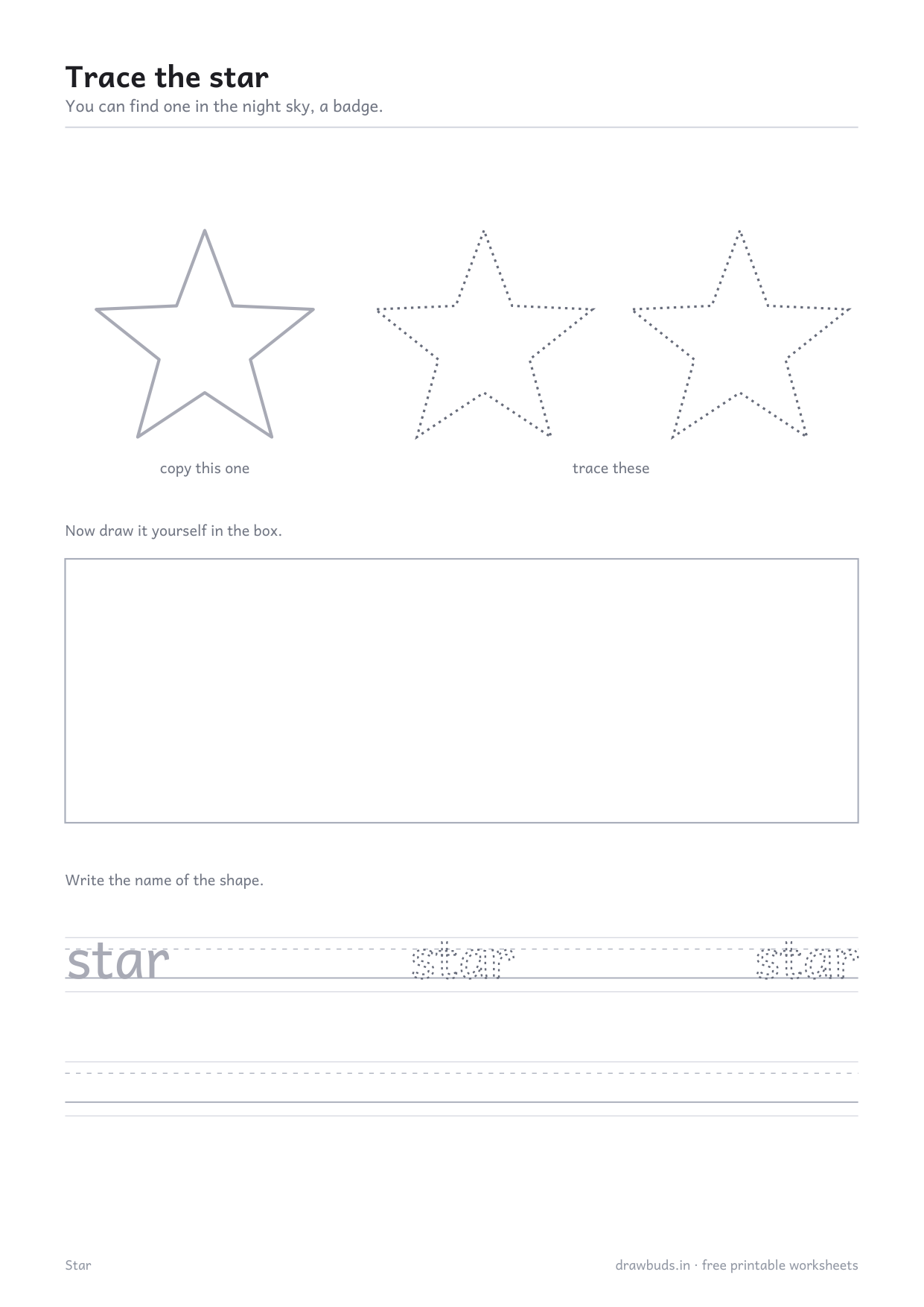 Star tracing worksheet with a five-pointed star to trace and the word star