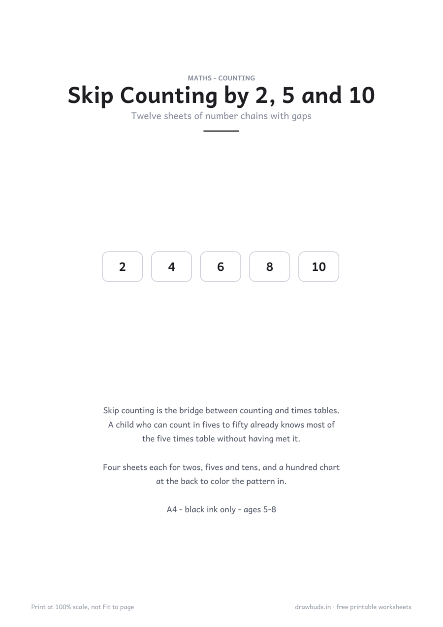 Skip Counting by 2, 5 and 10 — printable PDF page preview